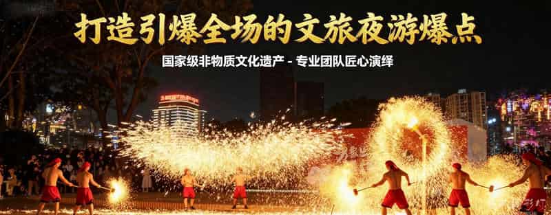 花不同彩灯专业团队于夜间庆典中进行打铁花表演，1600°C铁水化作漫天金色星雨，场面震撼